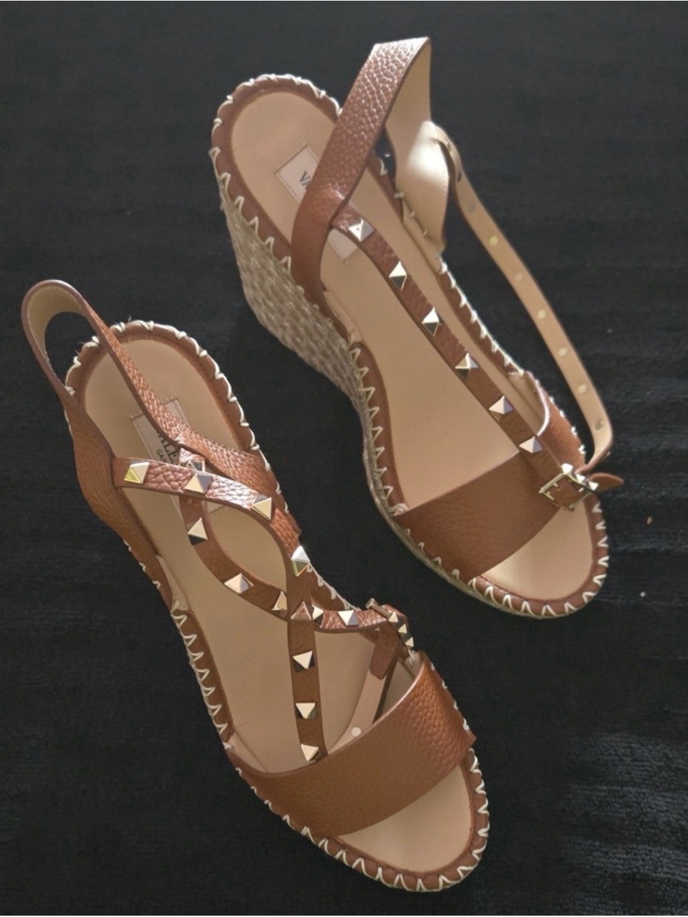 Valentino Studded Brown Leather Wedge Sandals